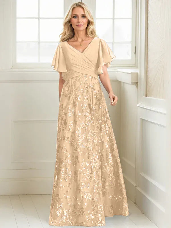 A-line V-Neck Floor-Length Lace Sequin Chiffon Mother of the Bride Dress With Pleated - View 7 | FashionDia