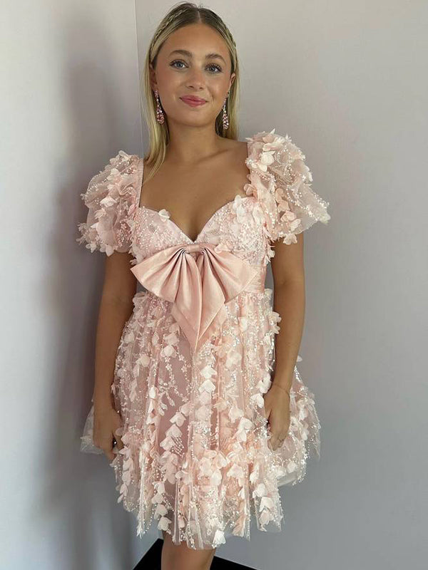 A-Line Puff Sleeves Short Tulle Homecoming Dress With Bowknot