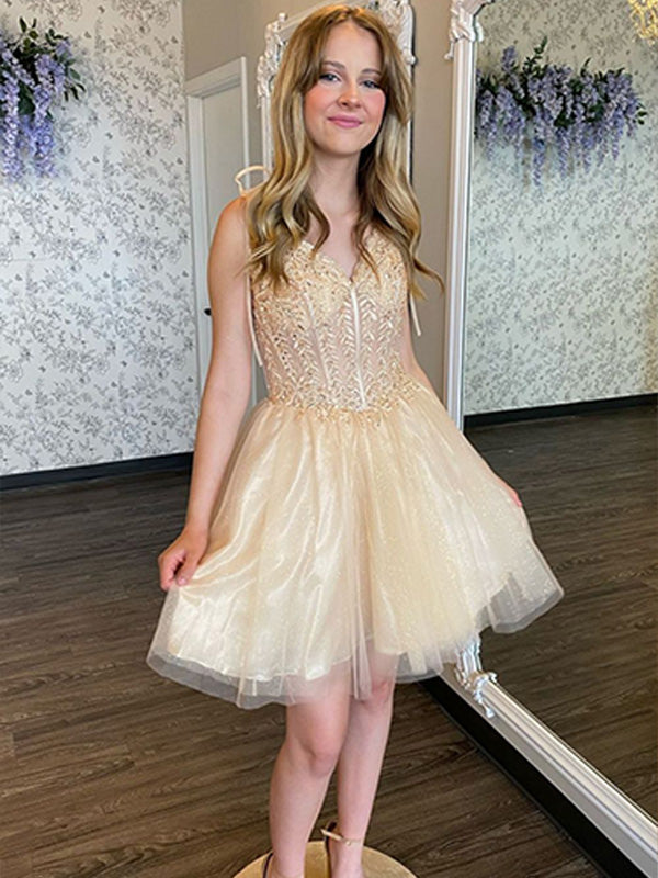 A-Line V-Neck Short Homecoming Dress With Appliques - FashionDia