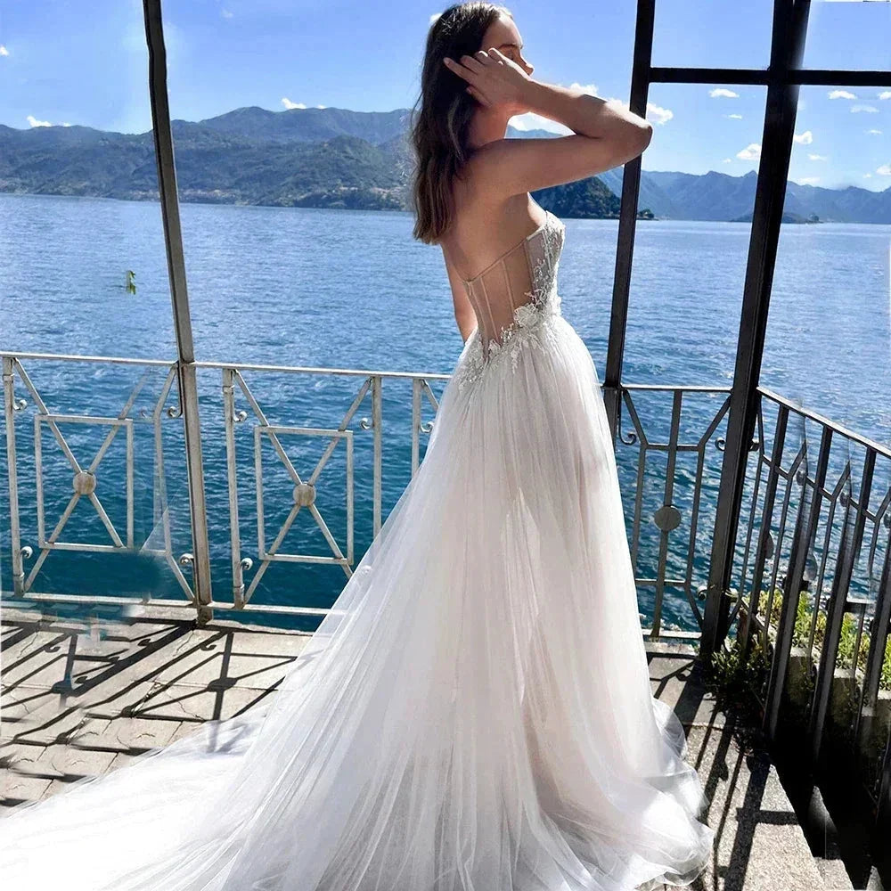 Charming High Fork Bohemian Sleeveless Sweetheart Mopping Wedding Dresses Off Shoulder Appliques Lace Bridal Gowns Boho Backless (ZD14252)