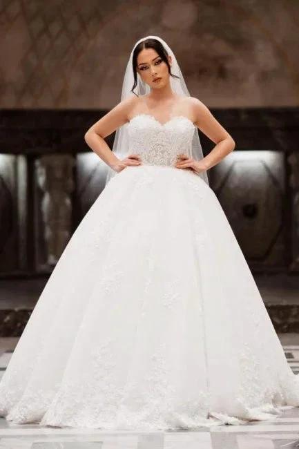Charming Lace Floor-Length Sleeveless Sweetheart Ball Gown Wedding Dresses with Appliques (ZD15737) - VelvetHem