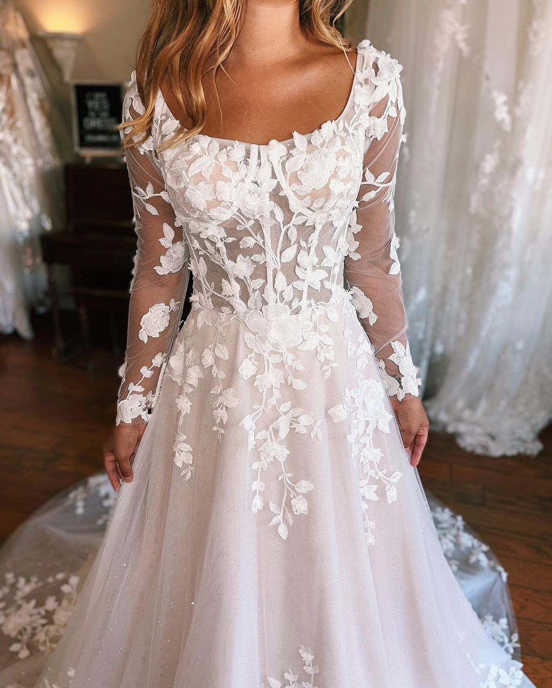 Charming Long A-line Wedding Dress With Appliques And Long Sleeves Featuring A Train (ZD17491)