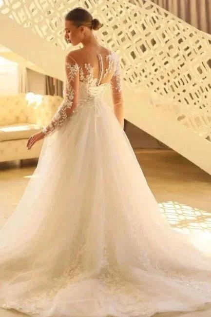 Charming Long A-line Lace Long Sleeves Tulle Wedding Dress (ZD15590)