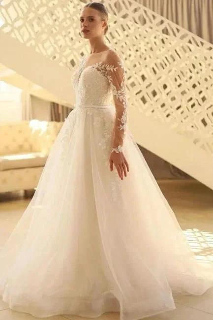 Charming Long A-line Lace Long Sleeves Tulle Wedding Dress (ZD15590)