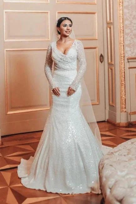 Charming Long A-line Lace Sequined Beading Long Sleeves Wedding Dresses With Detachable Train (ZD15633)