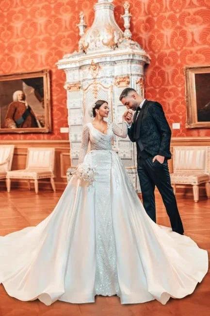 Charming Long A-line Lace Sequined Beading Long Sleeves Wedding Dresses With Detachable Train (ZD15633) - VelvetHem
