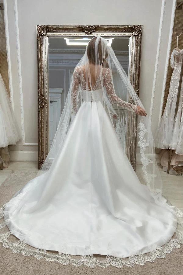 Charming Long A-line White Satin Split Wedding Dresses with Long Sleeves (ZD15644)
