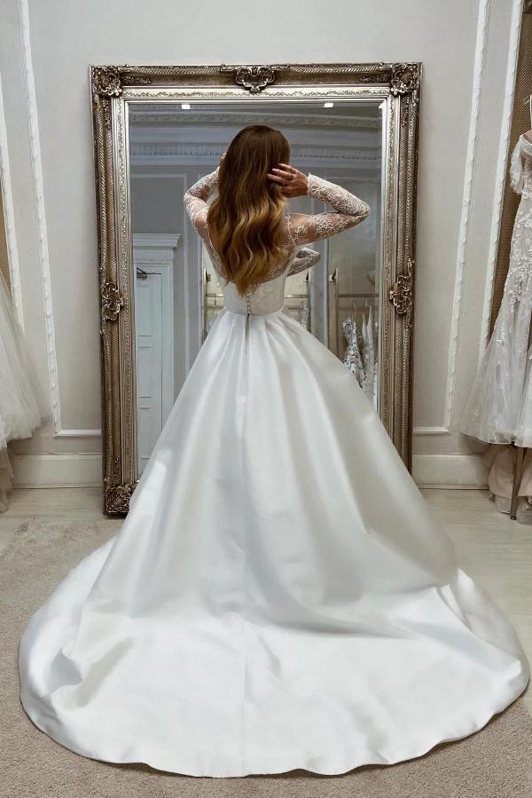 Charming Long A-line White Satin Split Wedding Dresses with Long Sleeves (ZD15644)