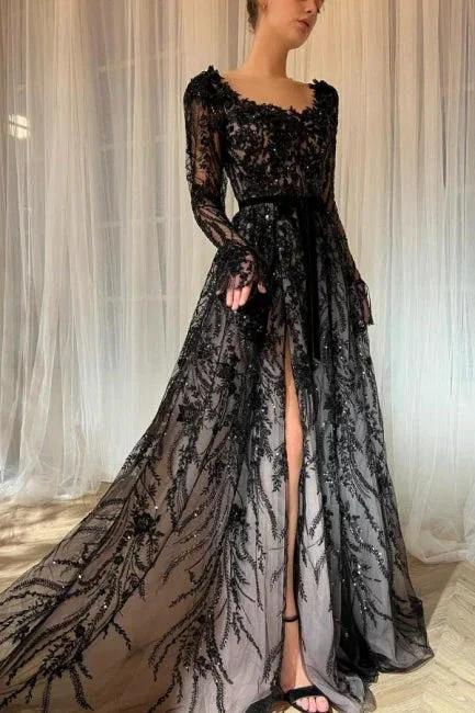Charming Long Black A-line Lace Glitter Long Sleeves Wedding Dress with Slit (ZD16478)