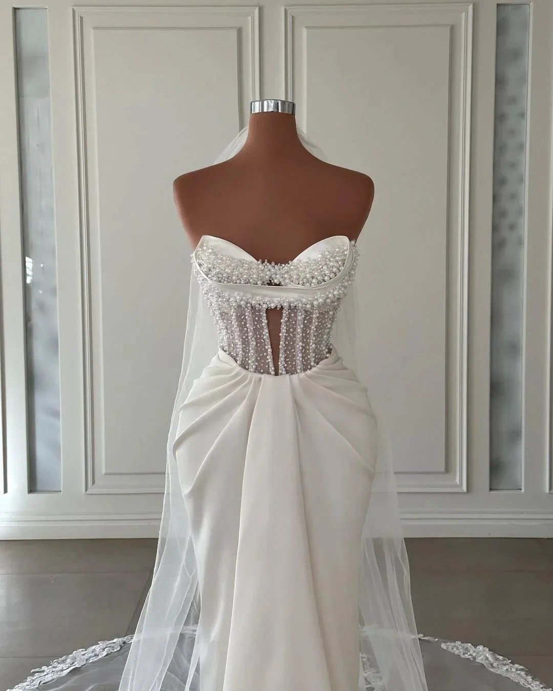 Charming Long Ivory Mermaid Sleeveless Satin Wedding Dress With Pearls (ZD15682)