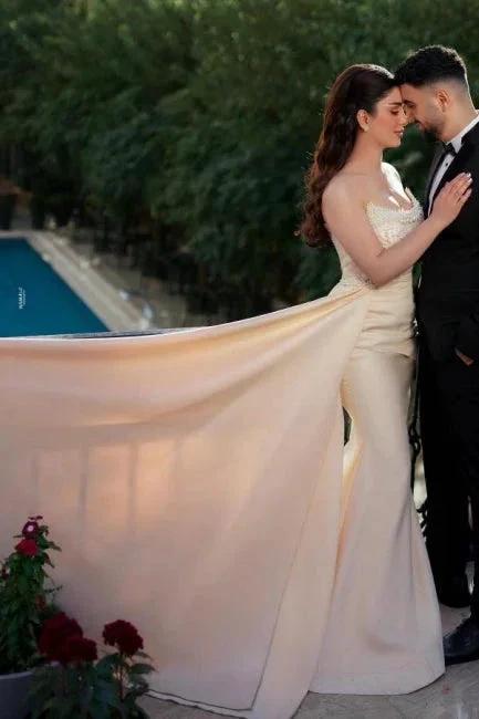Charming Long Mermaid Strapless Sequined Wedding Dress With Pearls (ZD15611)