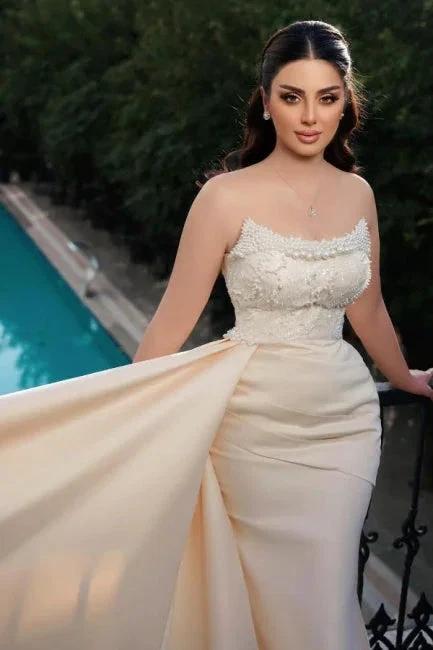Charming Long Mermaid Strapless Sequined Wedding Dress With Pearls (ZD15611) - View 4 | VelvetHem