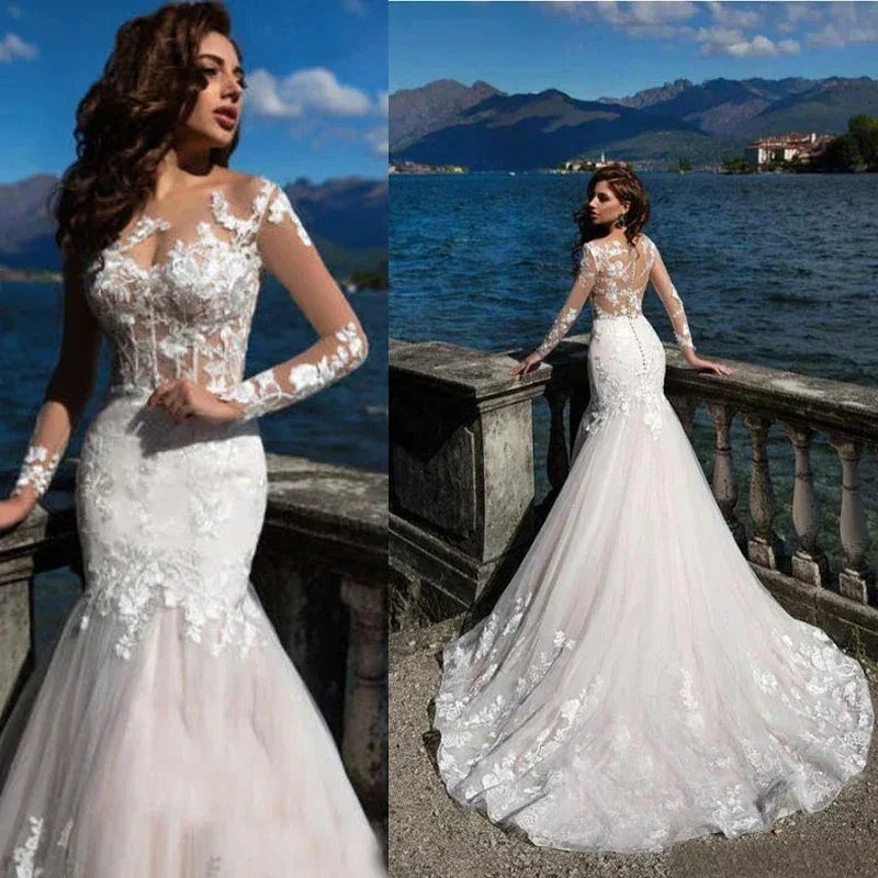 Charming Long Sleeves Mermaid Wedding Dresses 2024 Lace Applique Scoop Neck Bridal Gowns Sweep Train Vestidos De Novia Custom (ZD14238)