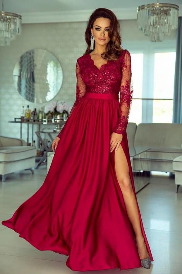 Charming Long Sleeves V Neck Lace Ruffles Prom Dresses