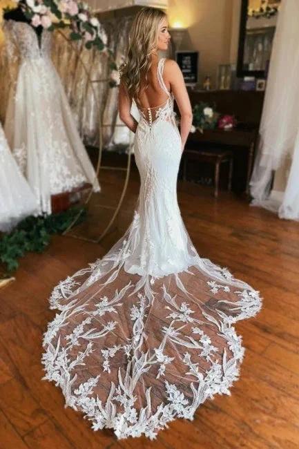 Charming Long V-neck Mermaid Sleeveless Wedding Dress With Lace (ZD15605)