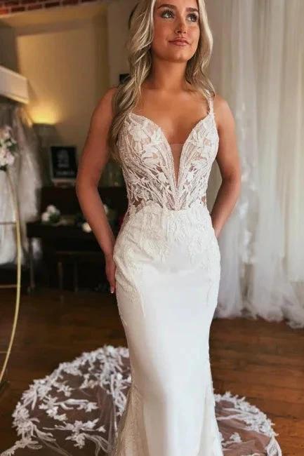 Charming Long V-neck Mermaid Sleeveless Wedding Dress With Lace (ZD15605)