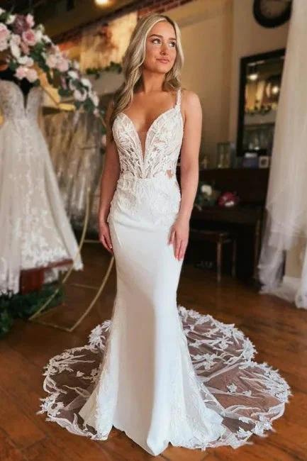 Charming Long V-neck Mermaid Sleeveless Wedding Dress With Lace (ZD15605)