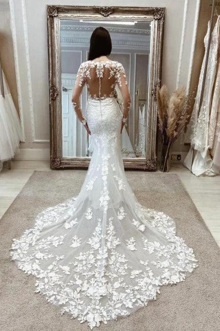 Charming Long White Mermaid Lace Wedding Dresses with Long Sleeves (ZD15624)