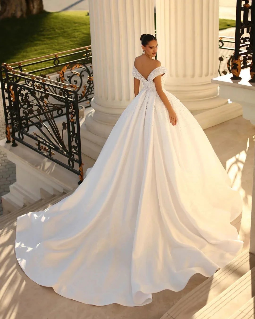 Charming Long White Off-the-shoulder A-line Sequined Wedding Dress With Pearls (ZD15653) - View 2 | VelvetHem