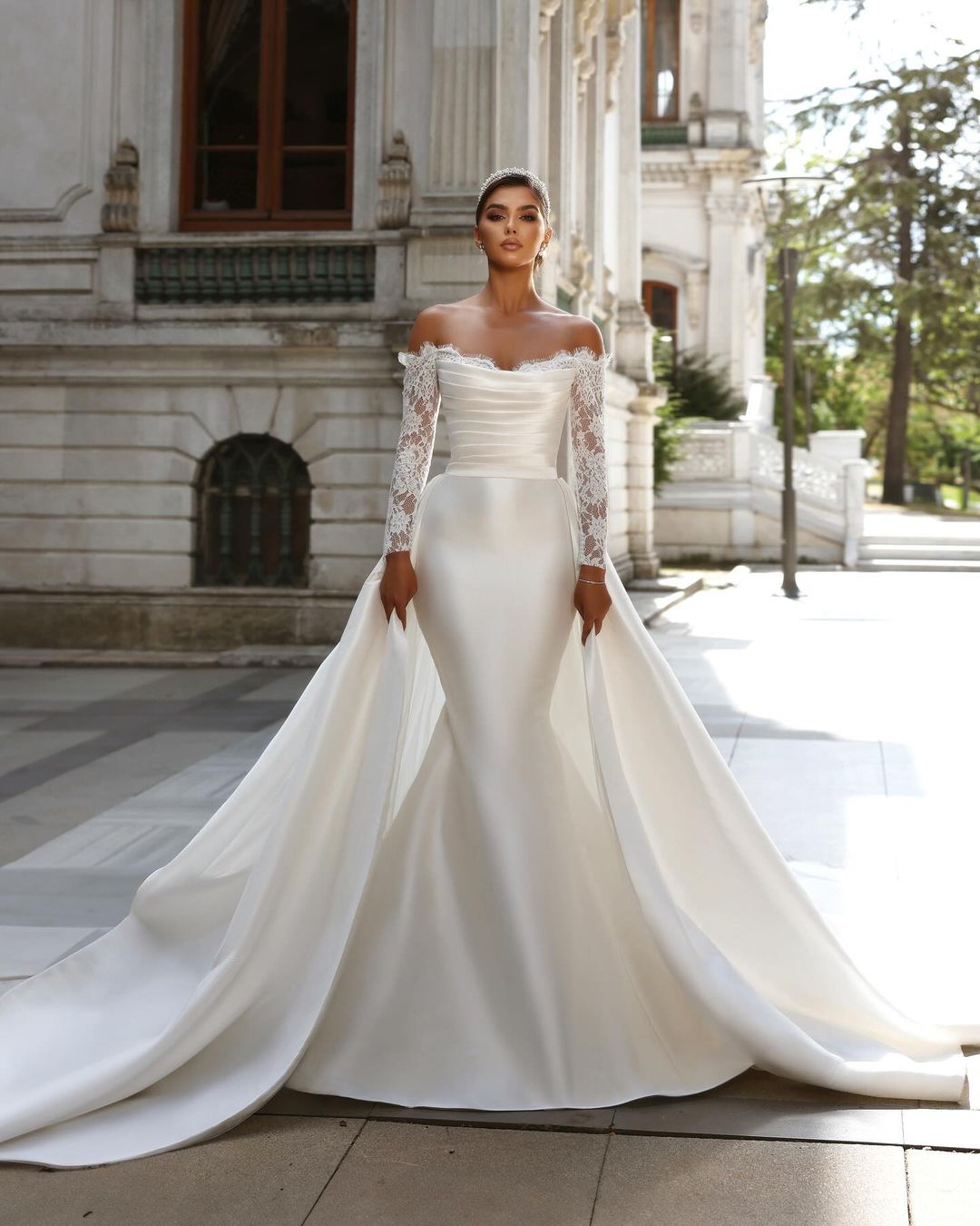 Charming Long White Off-the-shoulder Mermaid Lace Wedding Dress With Detachable Train (ZD17471) - View 3 | VelvetHem