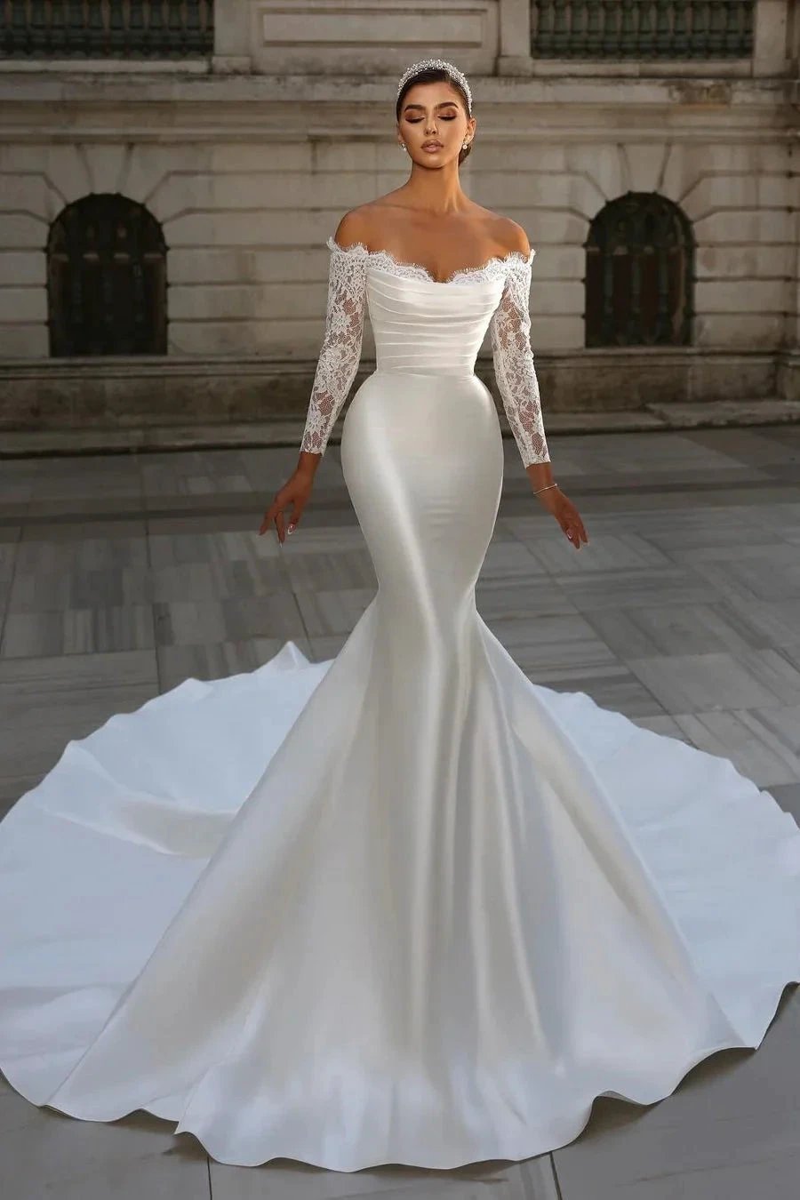 Charming Long White Off-the-shoulder Mermaid Lace Long Sleeves Wedding Dress With Detachable Train (ZD15671)