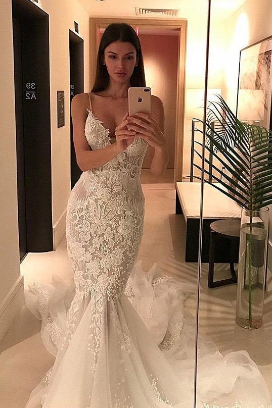 Charming Spaghetti-Strap Mermaid Wedding Dress Lace Zipper Button Tulle Bridal Gowns