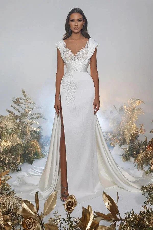 Long Mermaid Sweetheart Satin Lace Wedding Dresses with Slit (ZD14475)
