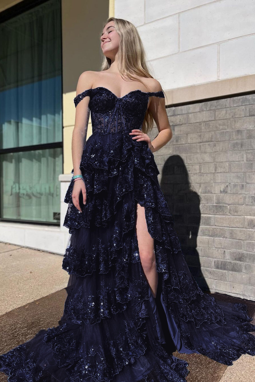 Stunning Glitter A-Line Off The Shoulder Long Tiered Prom Dress With Split