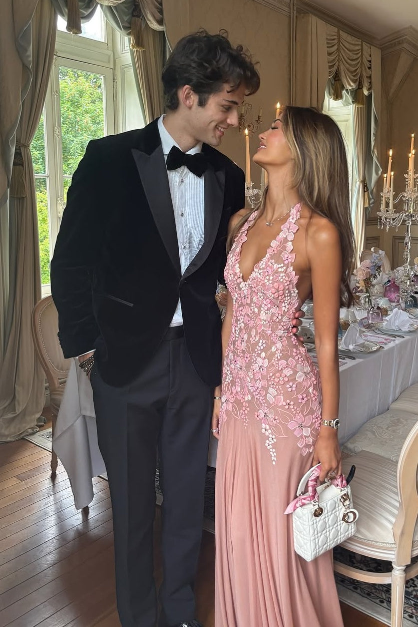 Charming A Line Halter Neck Pink Long Prom Dress with Appliques