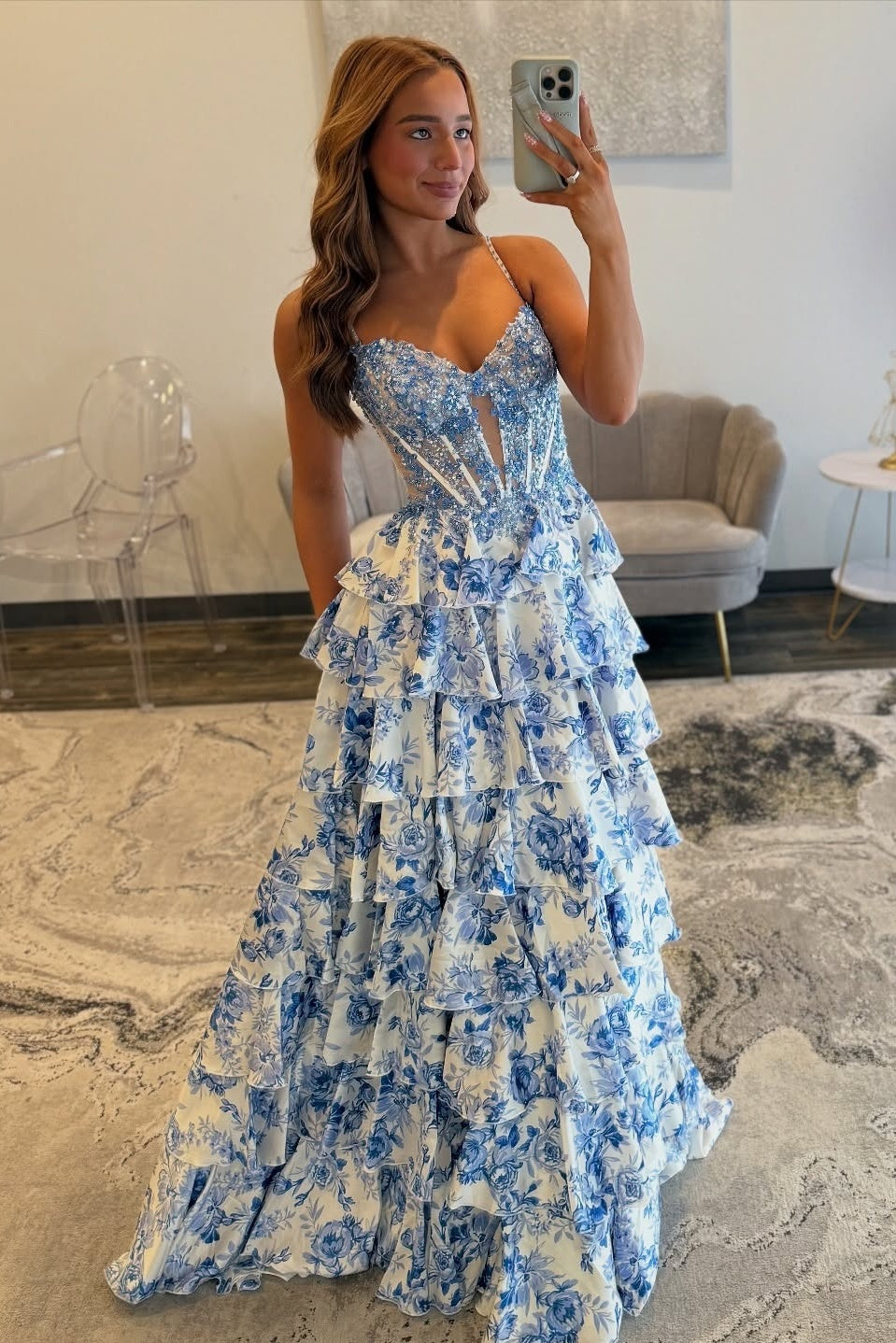 Gorgeous A-Line Spaghetti Straps Blue Corset Prom Dress with Appliques Ruffles - View 3 | FashionDia