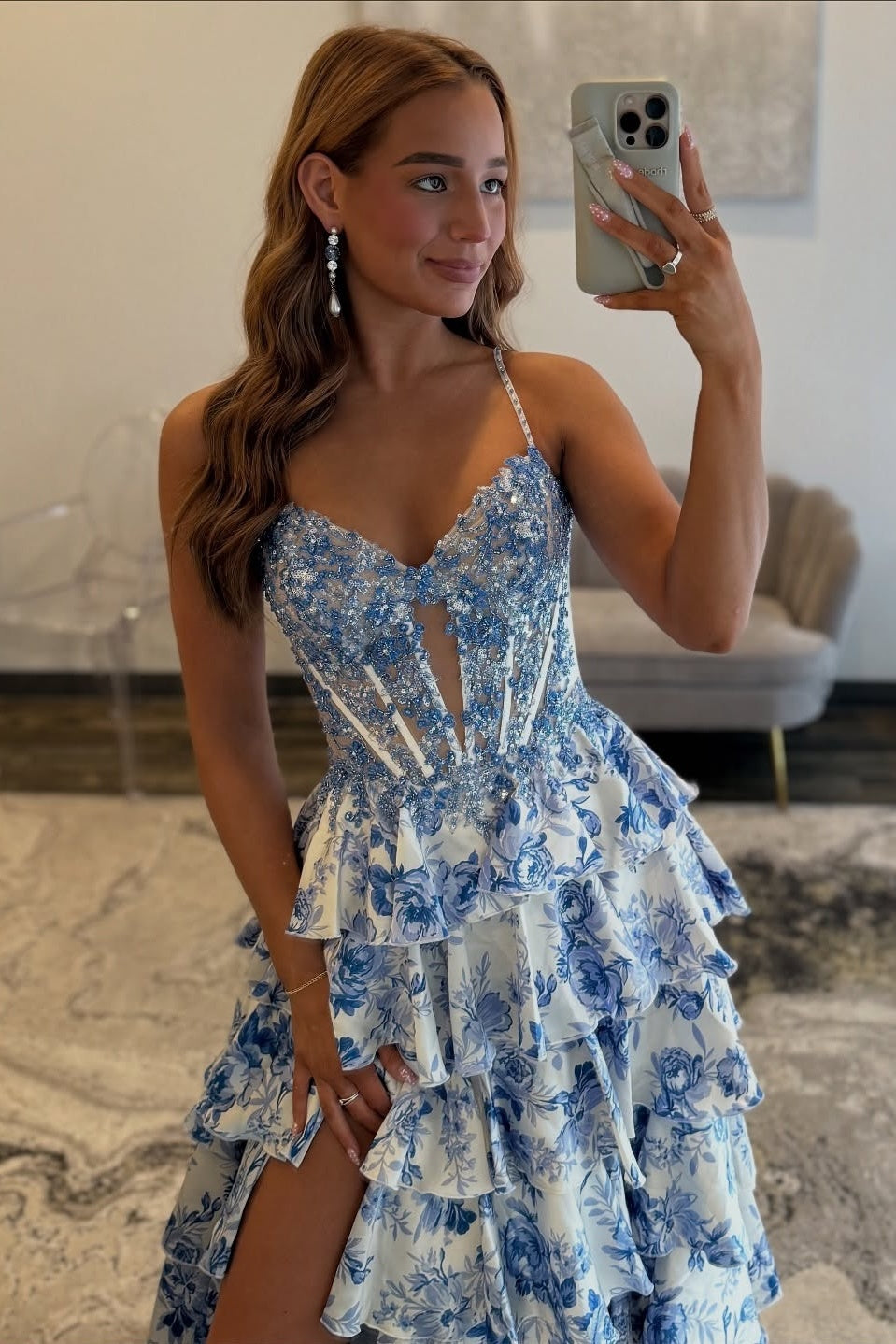 Gorgeous A-Line Spaghetti Straps Blue Corset Prom Dress with Appliques Ruffles - View 2 | FashionDia