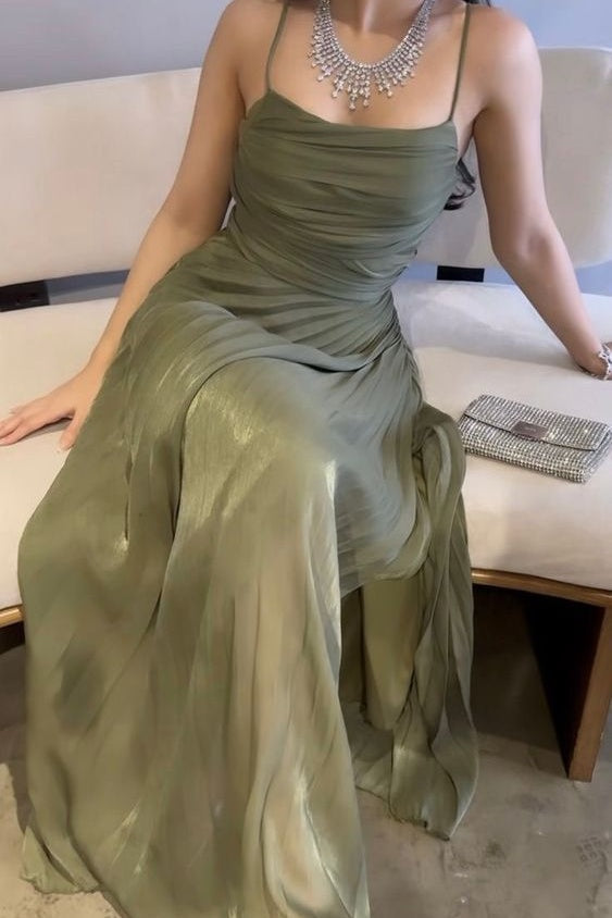 Charming A-Line Spaghetti Straps Green Tulle Long Prom Dress with Ruffles - FashionDia