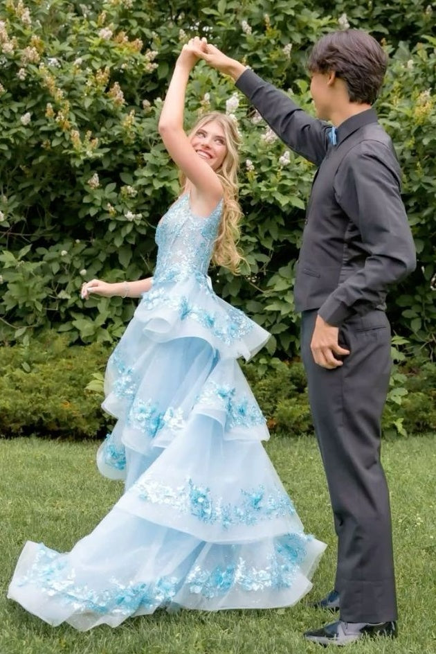 Charming A Line Spaghetti Straps Light Blue Corset Prom Dress with Appliques