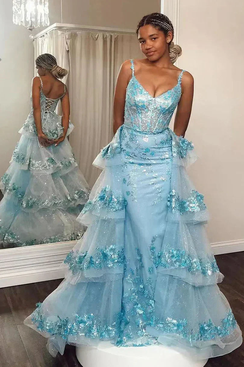 Charming A Line Spaghetti Straps Light Blue Corset Prom Dress with Appliques