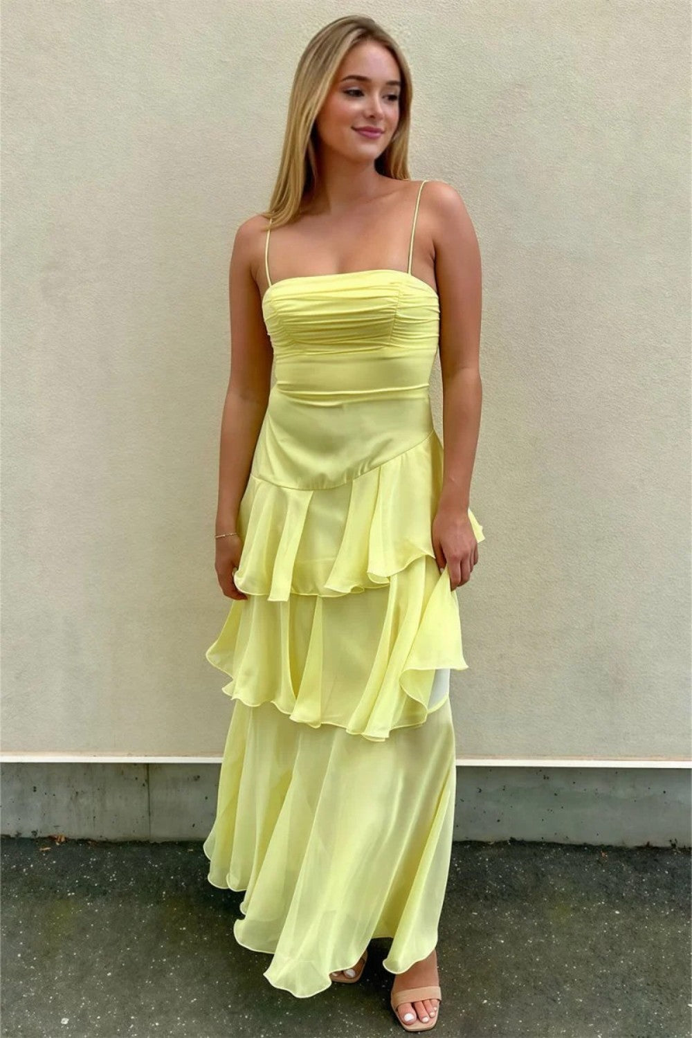 Charming A Line Spaghetti Straps Yellow Long Prom Dress with Ruffles