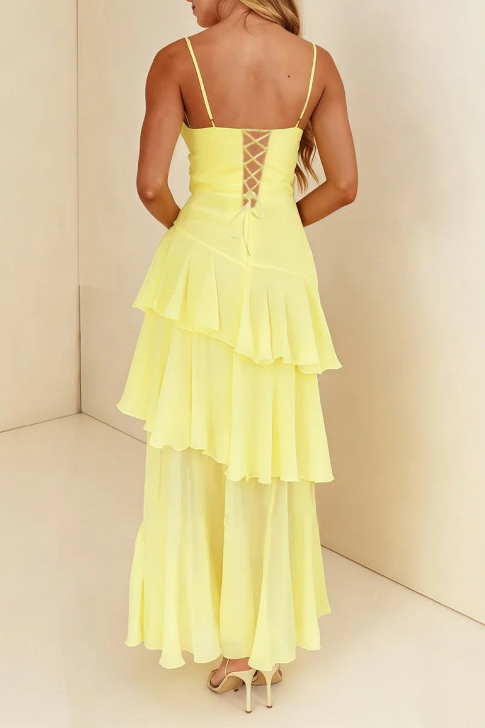 Charming A Line Spaghetti Straps Yellow Long Prom Dress with Ruffles
