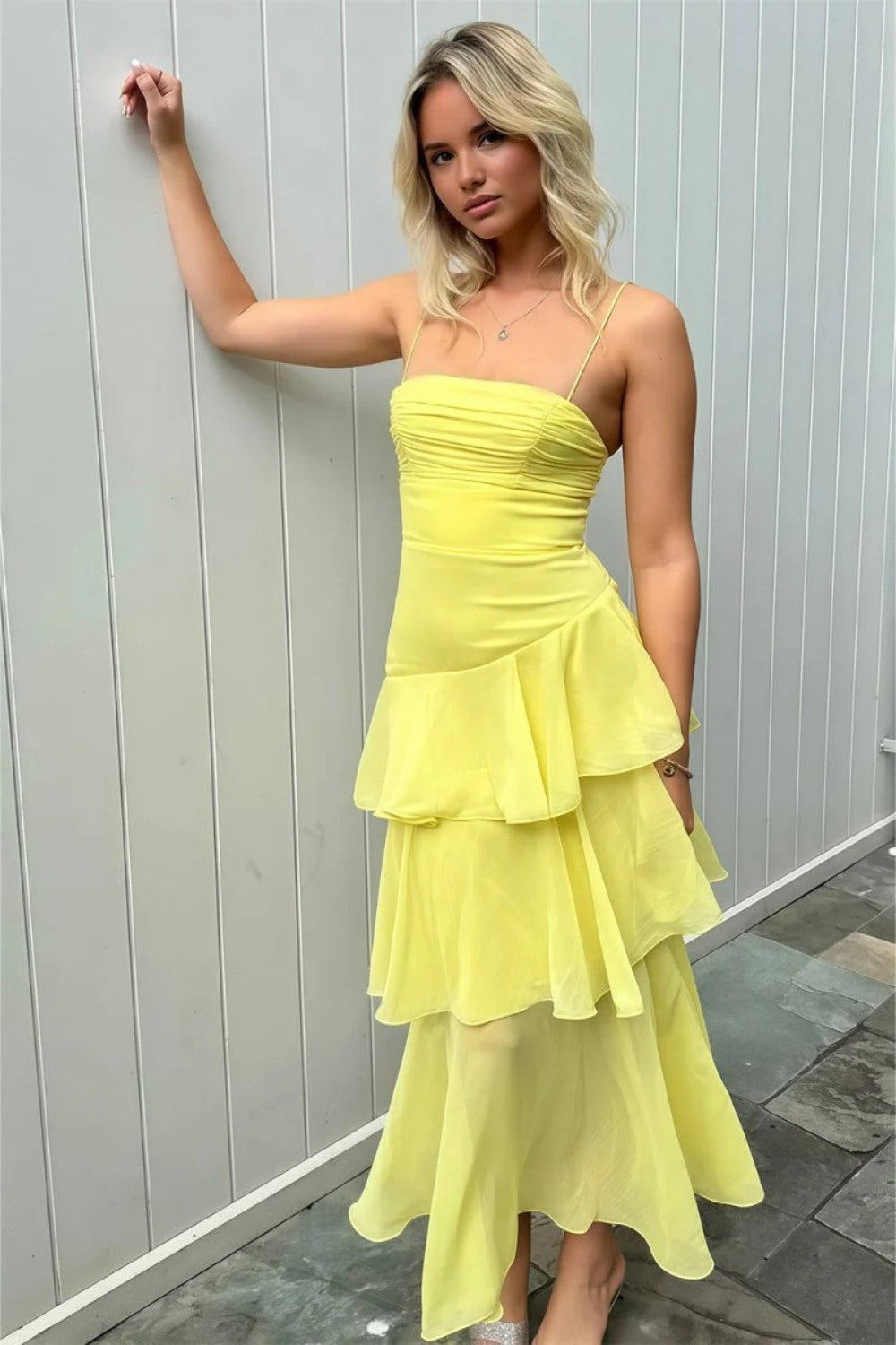 Charming A Line Spaghetti Straps Yellow Long Prom Dress with Ruffles