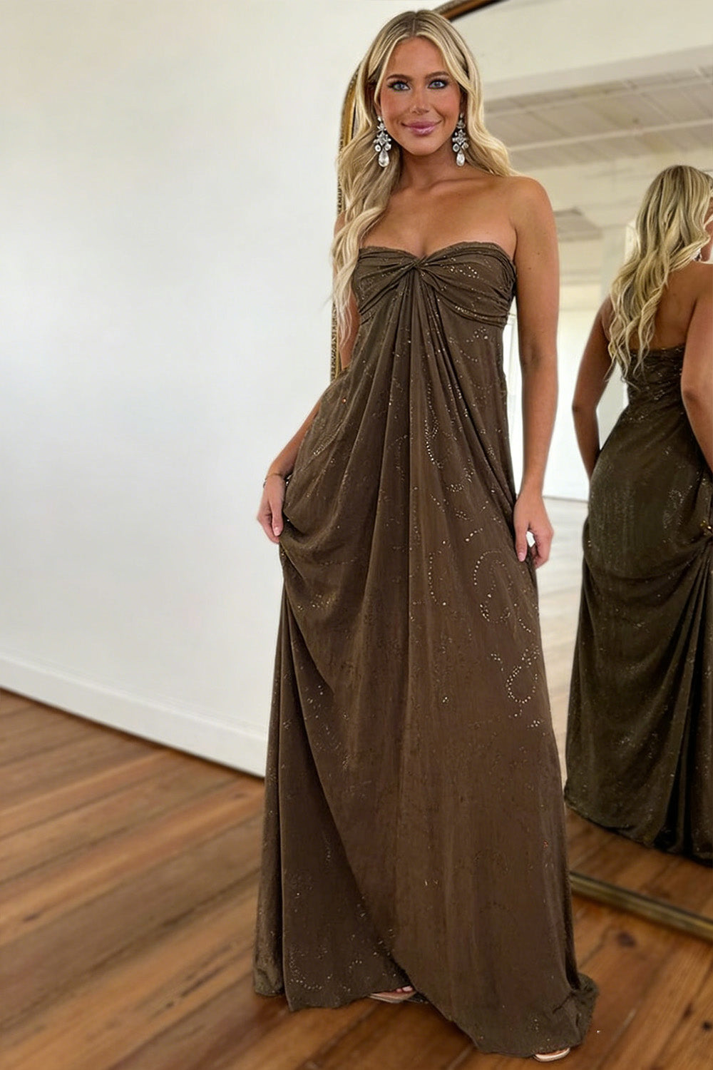 Charming A Line Sweetheart Brown Long Prom Dress with Beading