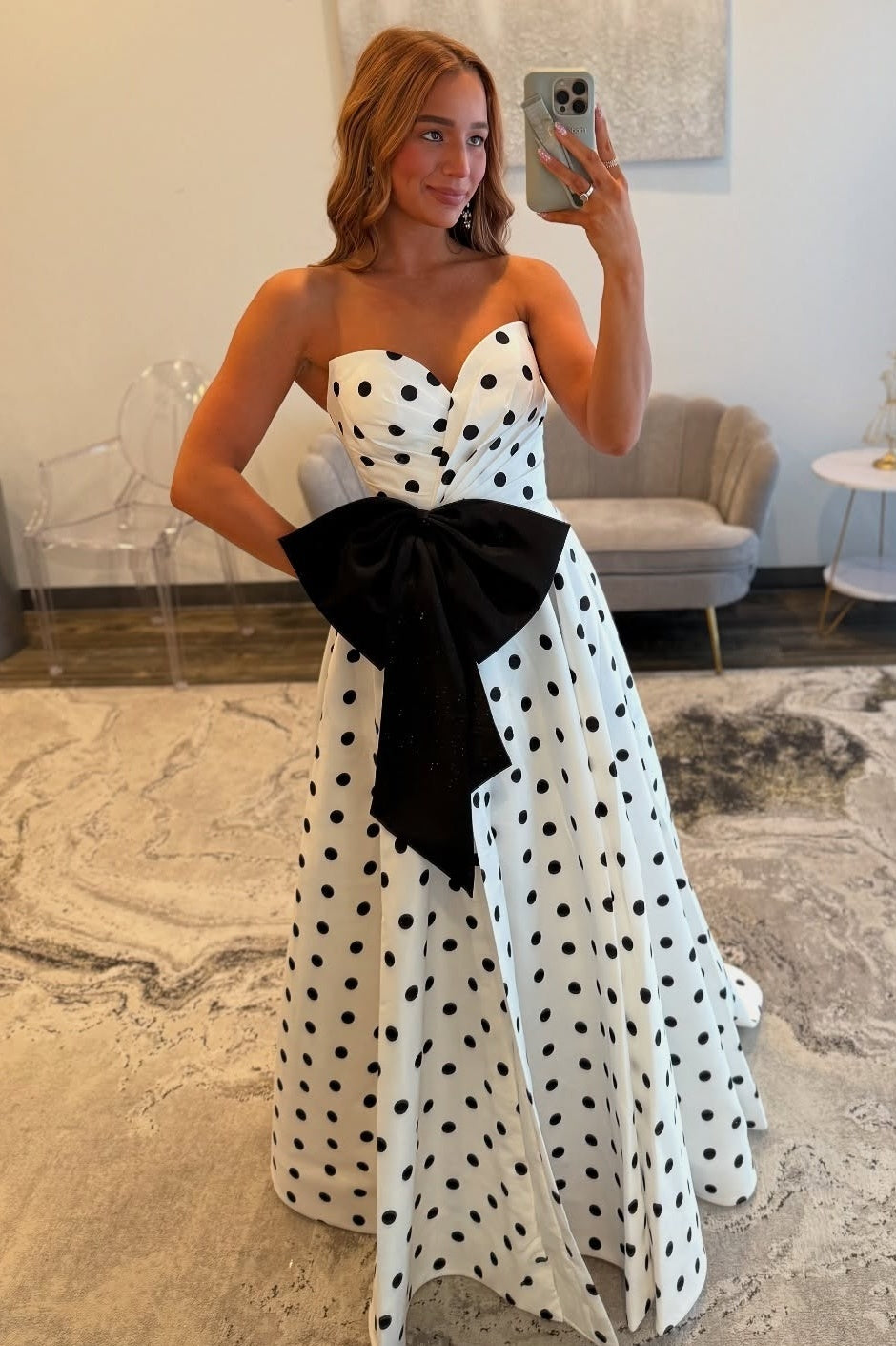 Charming A-Line Sweetheart White Polka Dots Long Prom Dress with Bowknot - FashionDia
