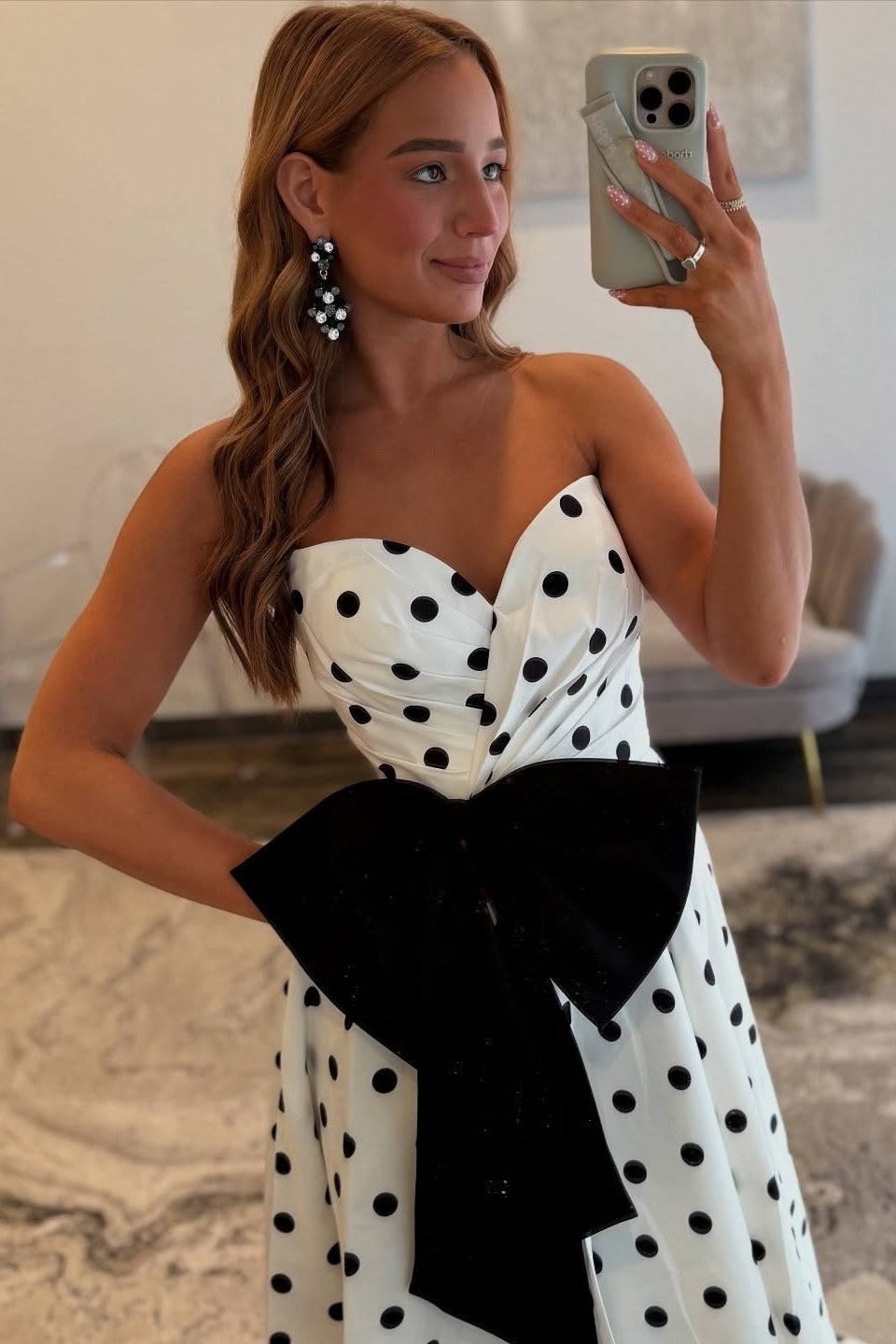 Charming A Line Sweetheart White Polka Dots Long Prom Dress with Bowknot