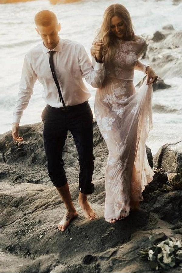 Charming Bateau Lace Long Sleeves Beach Wedding Dress (ZD15322)
