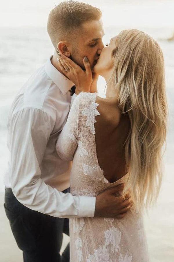 Charming Bateau Lace Long Sleeves Beach Wedding Dress (ZD15322)