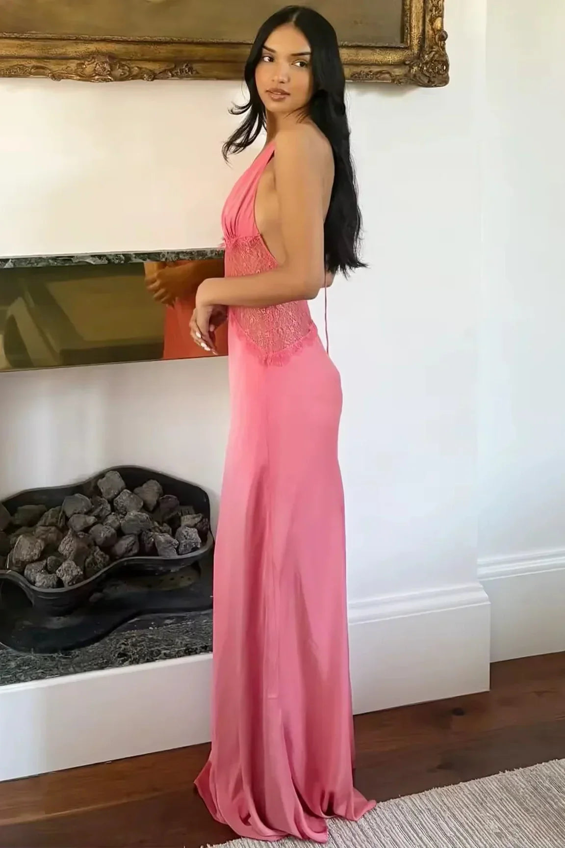 Charming Mermaid Halter Neck Candy Pink Long Prom Dress with Lace