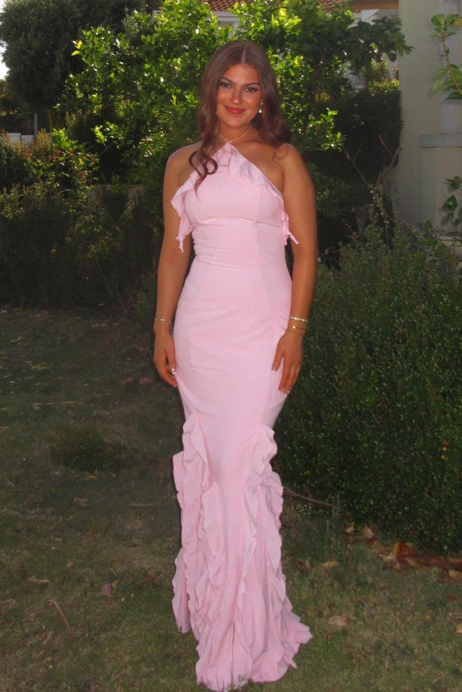 Charming Mermaid Halter Neck Pink Mermaid Long Prom Dress with Ruffles - FashionDia