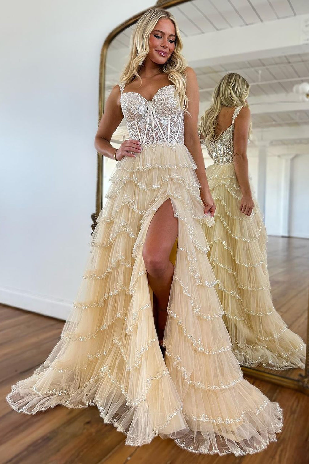 Charming Off-the-Shoulder A-Line Long Tiered Prom Dress With Sequin - FashionDia