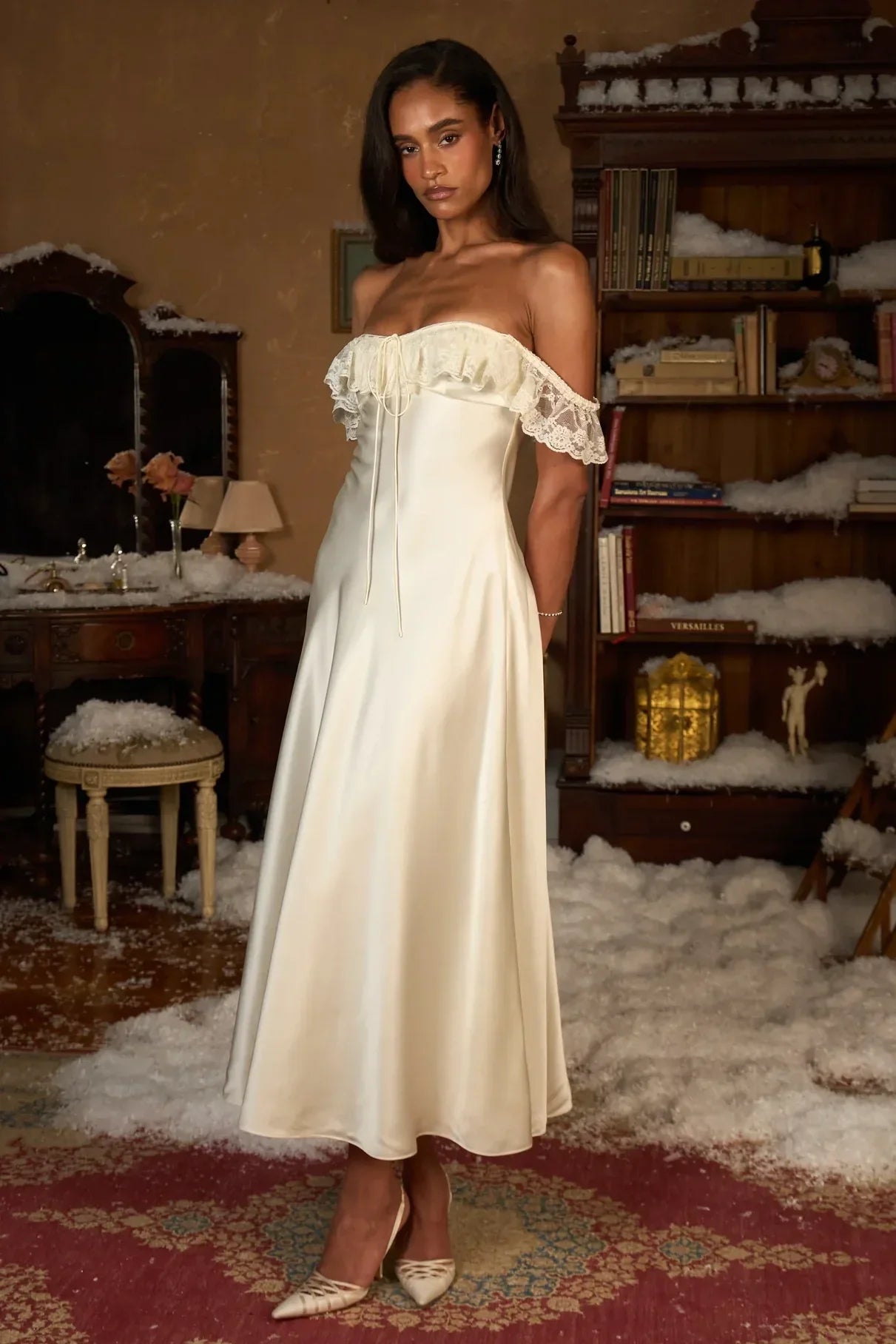 Charming A Line Off the Shoulder White Tea Length White Party Dress with Lace
