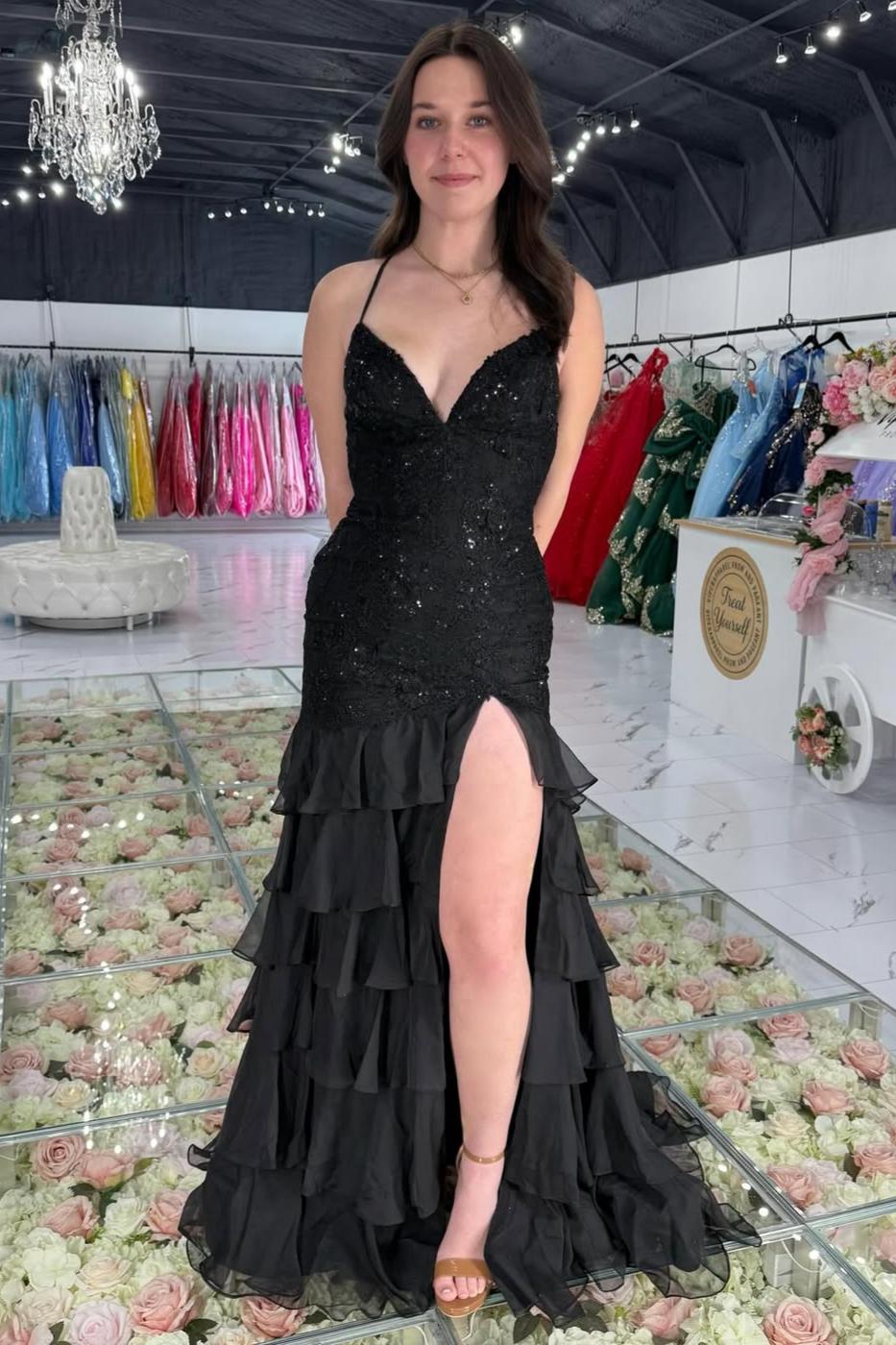 Stunning Lilac Mermaid Spaghetti Straps Lace Prom Dress with Ruffle Skirt