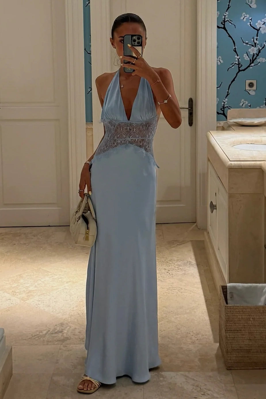 Hot Mermaid Halter Neck Light Blue Long Party Dress with Lace