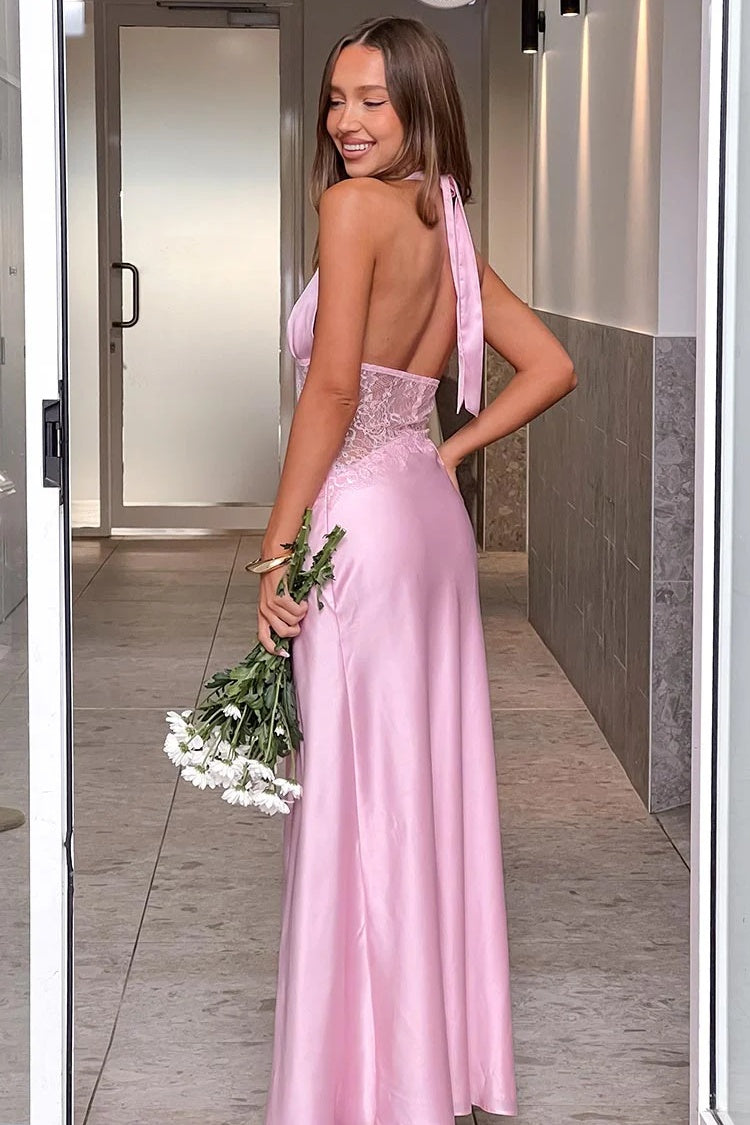 Hot Mermaid Halter Neck Light Blue Long Party Dress with Lace