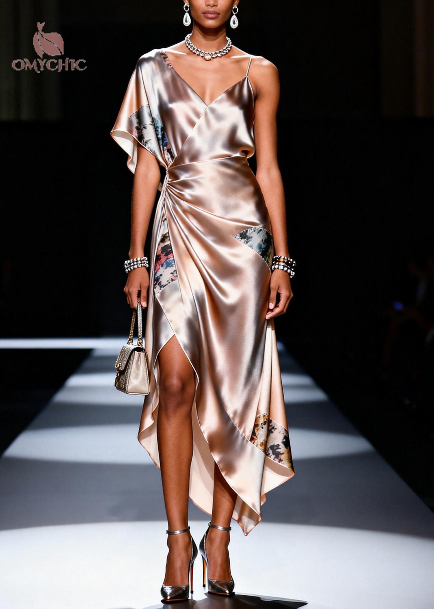 Chic Apricot Asymmetrical Patchwork Silk Sundress Summer